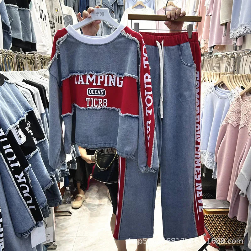 Completo Donna Denim Patchwork – Felpa + Pantaloni Streetwear Casual