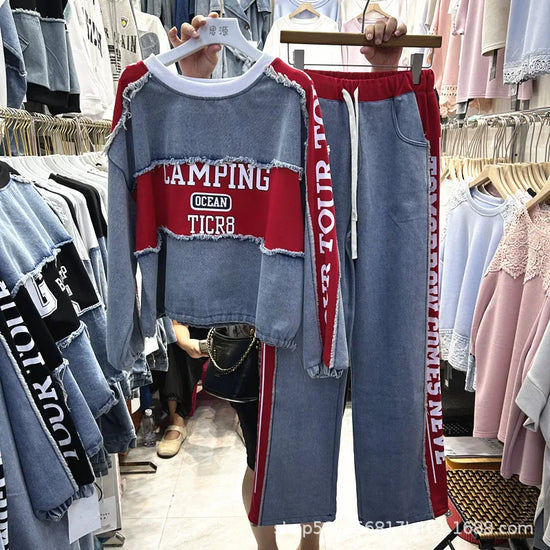 Completo Donna Denim Patchwork – Felpa + Pantaloni Streetwear Casual