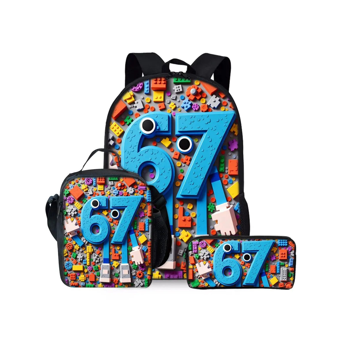 New Colorful Number 67 Print Three Piece Set Backpacks for Boy and Girls Best Gifts 2D Flat Cartoon School Bag for Children