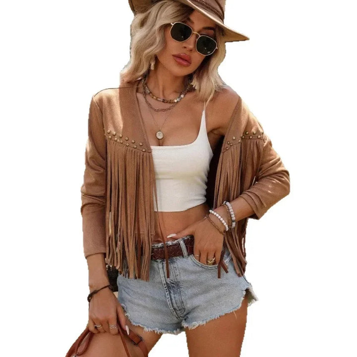 Giacca con frange tinta unita manica lunga – tassel trim jacket casual donna inverno 2025