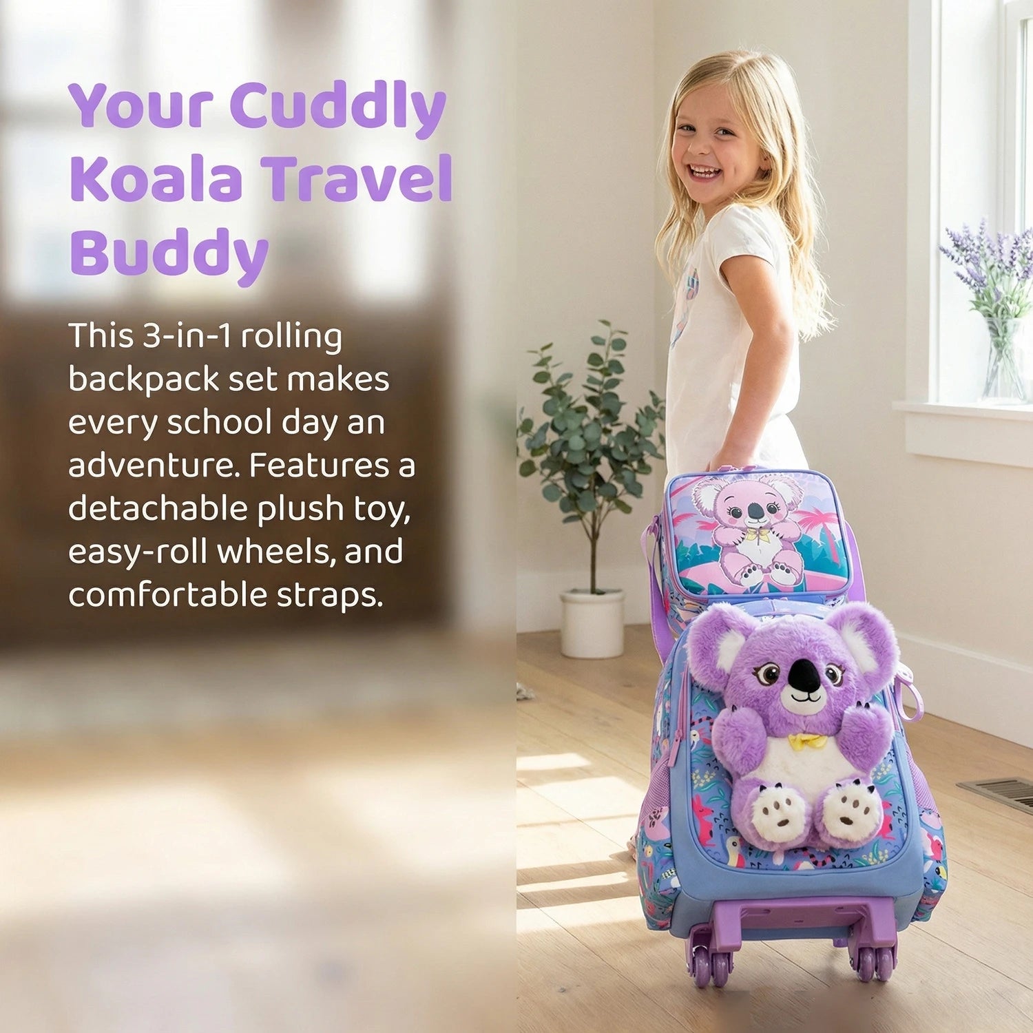 Girls 3D Plush Cat Rolling Backpack 3PCS Set - Waterproof Trolley School Bag with Wheels, Insulated Lunch Bag and Pencil Pouch -