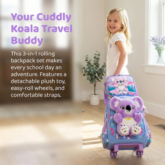 Girls 3D Plush Cat Rolling Backpack 3PCS Set - Waterproof Trolley School Bag with Wheels, Insulated Lunch Bag and Pencil Pouch -
