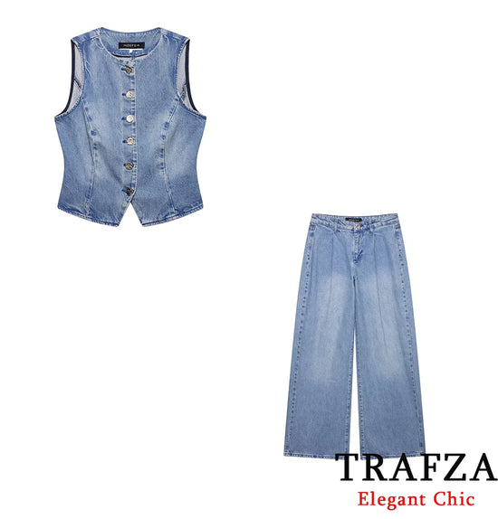 Set denim donna 2 pezzi 2025 – gilet con bottoni + jeans a vita alta wide-leg, look streetwear casual chic