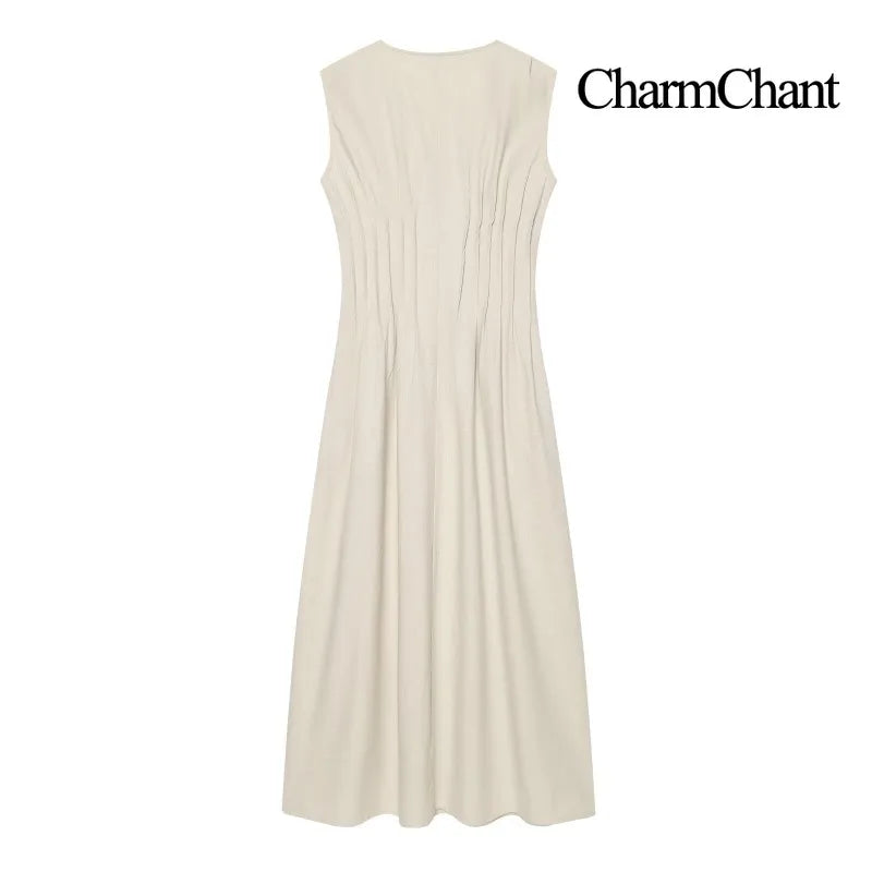 Abito Donna in Lino e Cotone – Vestito Beige Estivo con Scollo a V