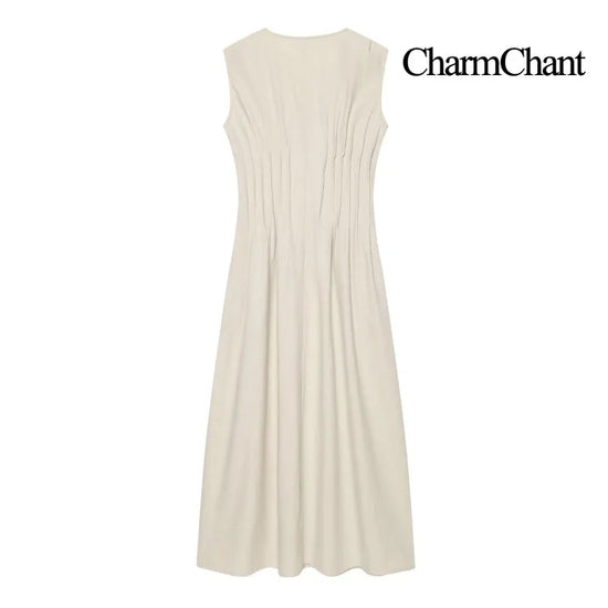 Abito Donna in Lino e Cotone – Vestito Beige Estivo con Scollo a V