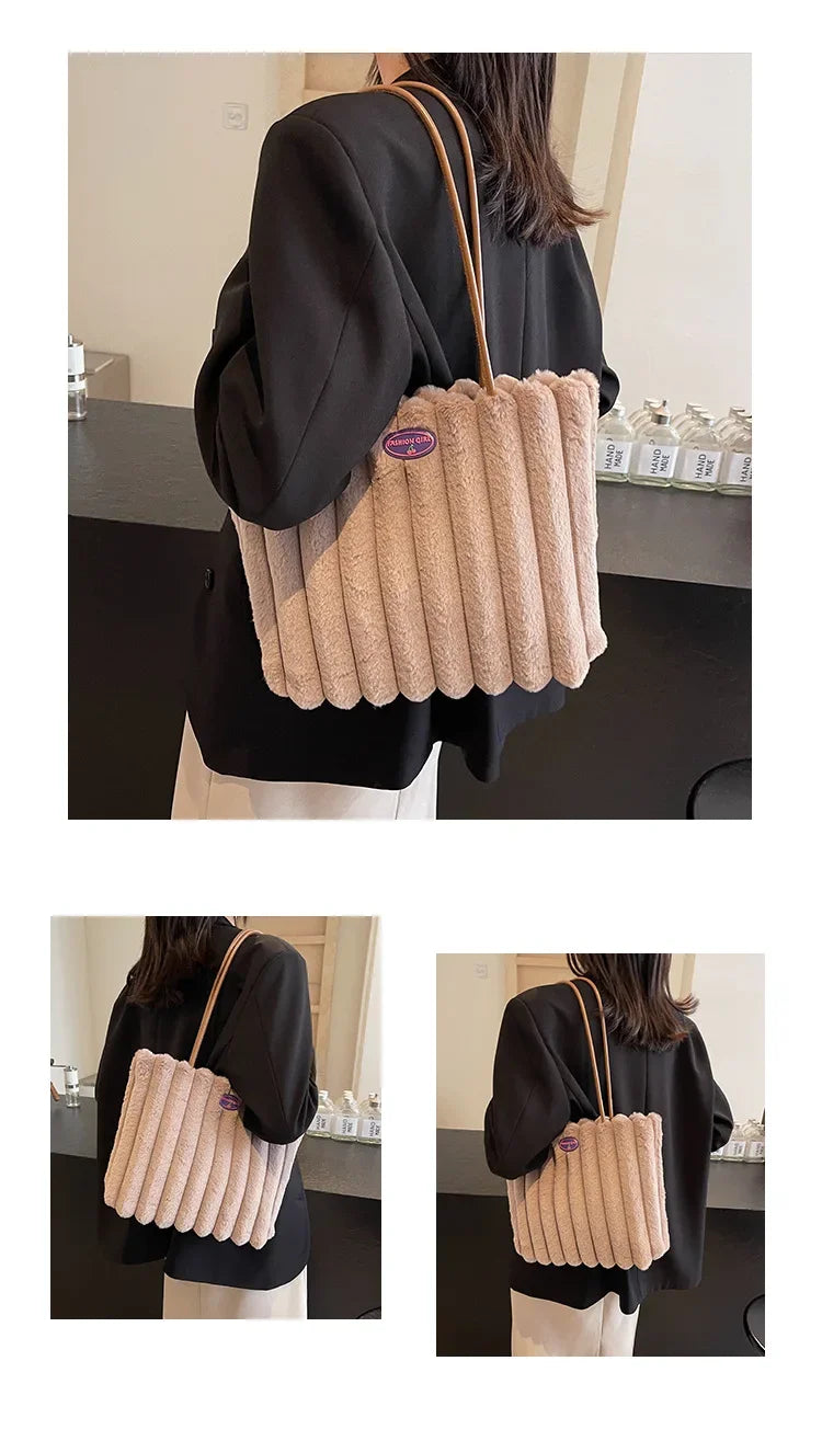 Tote bag a righe in peluche – borsa capiente e soffice per inverno 2025