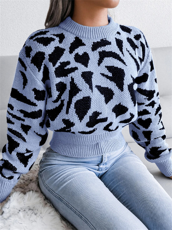 Pullover con stampa leopardata donna – Maglione corto girocollo per autunno/inverno, knit con raccolta in vita