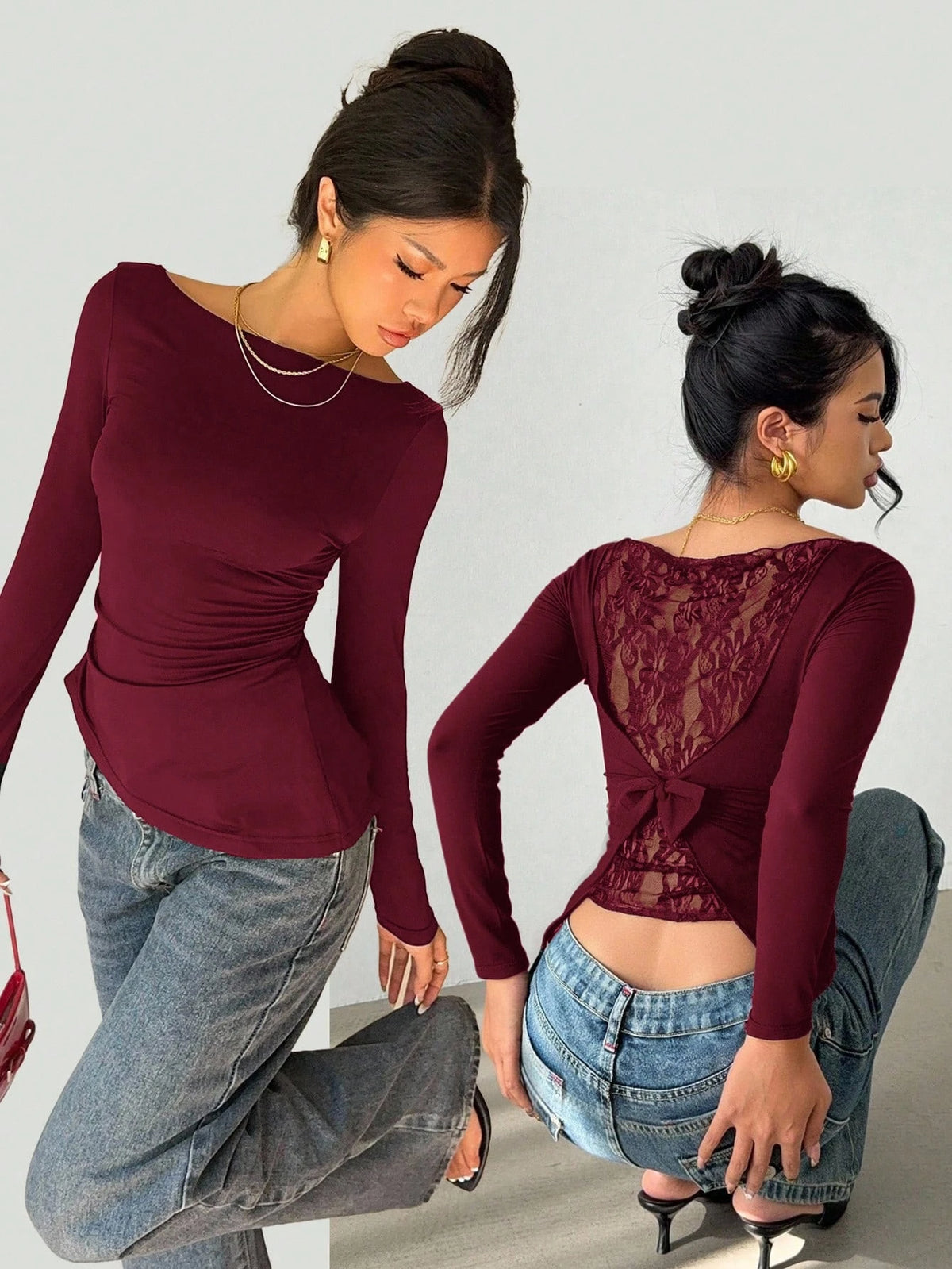 Maglia donna con pizzo e fiocco a maniche lunghe