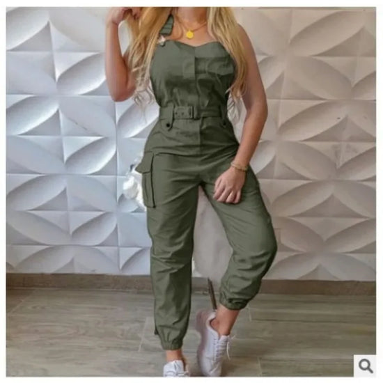 Jumpsuit cargo donna 2025 – tuta senza maniche con spalline sottili, tasche utility, look casual chic
