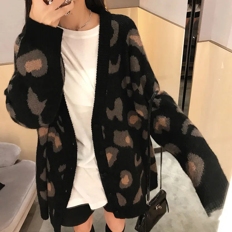 Cardigan leopardato donna con scollo a V stile coreano – Maglione knit oversize autunno/inverno animal print