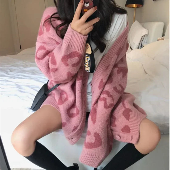 Cardigan leopardato donna con scollo a V stile coreano – Maglione knit oversize autunno/inverno animal print