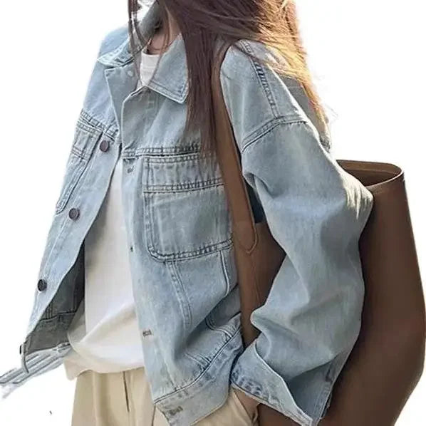 Giacca di jeans donna stile retro – Leggera e casual per primavera e autunno, maniche lunghe, taglio corto e ampio