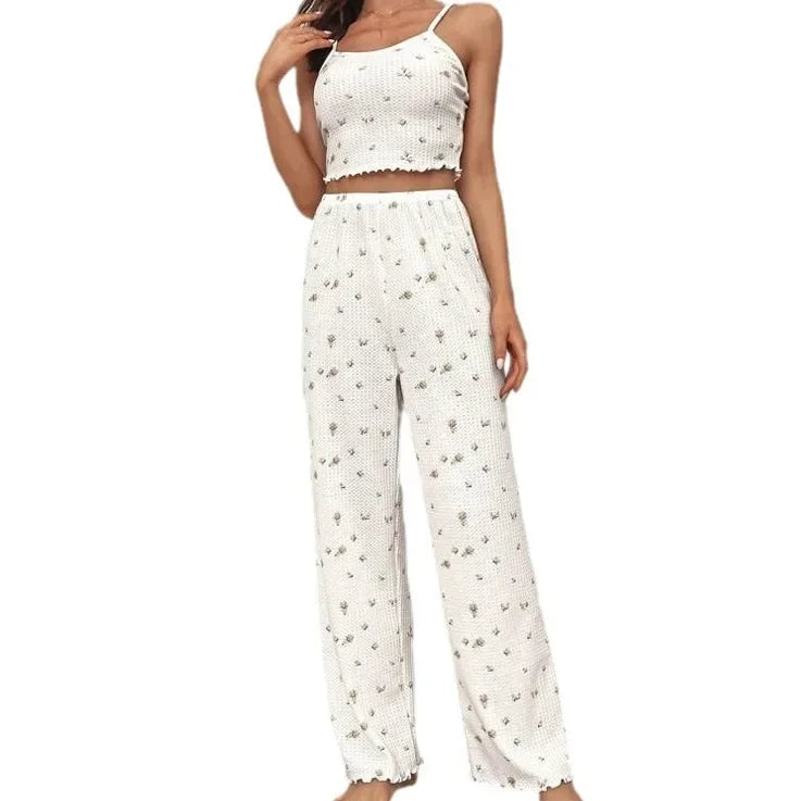 Pigiama Estivo Donna 2 Pezzi in Tessuto Waffle – Top con Spalline e Pantaloni Larghi Comodi