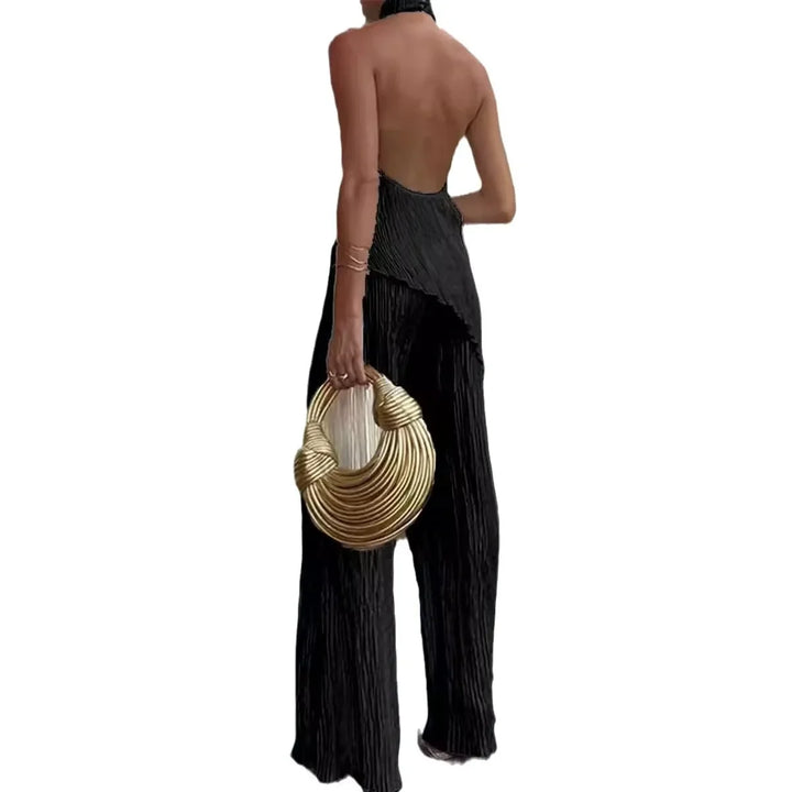 Set donna elegante con top irregolare + pantaloni a zampa bell bottom – completo fashion sexy per outfit da sera / casual chic