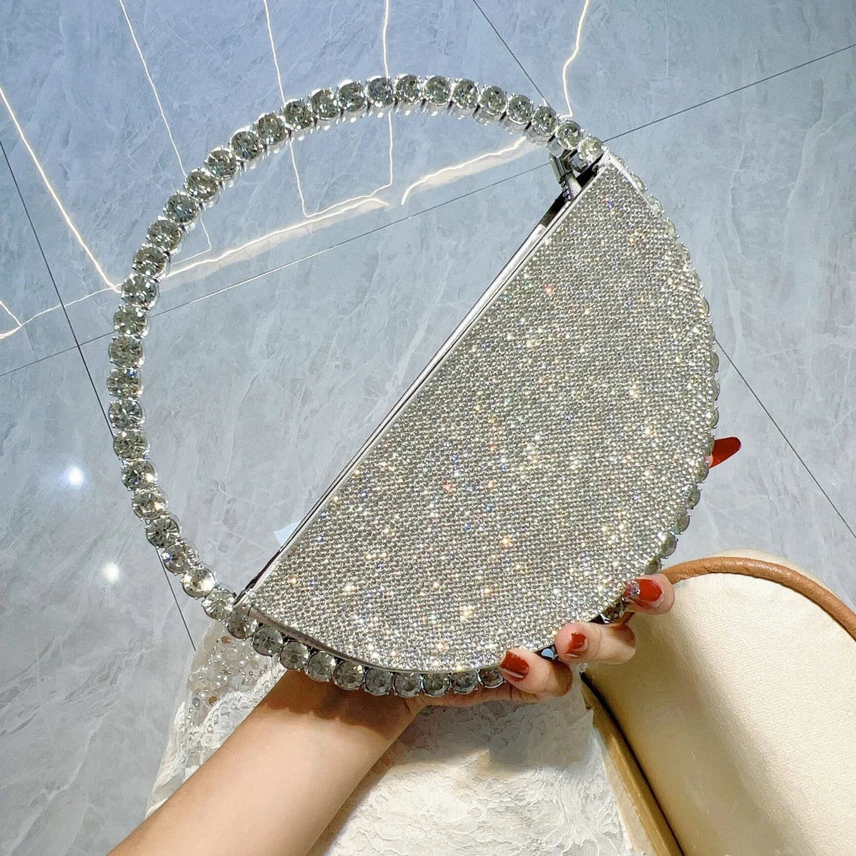 Clutch tonda glitter con strass – Borsa da sera elegante a forma di diamante piccola
