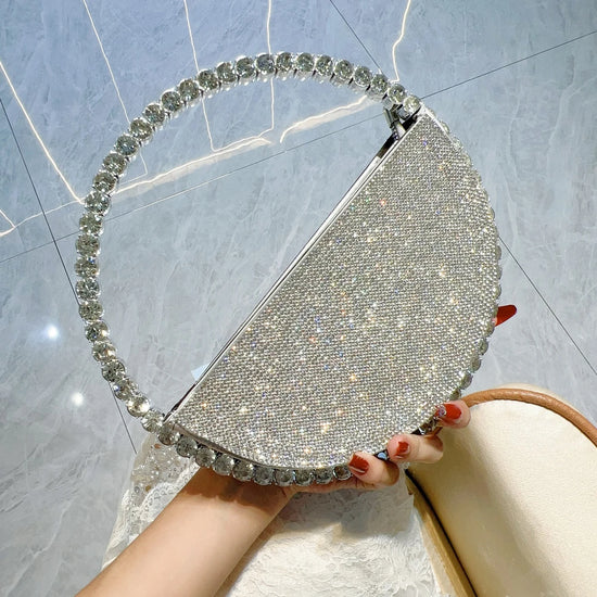 Clutch tonda glitter con strass – Borsa da sera elegante a forma di diamante piccola