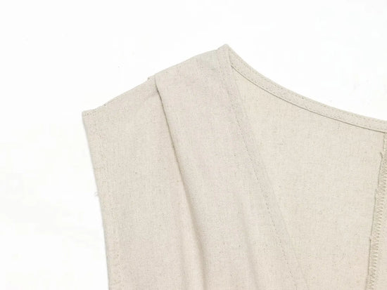 Abito Donna in Lino e Cotone – Vestito Beige Estivo con Scollo a V