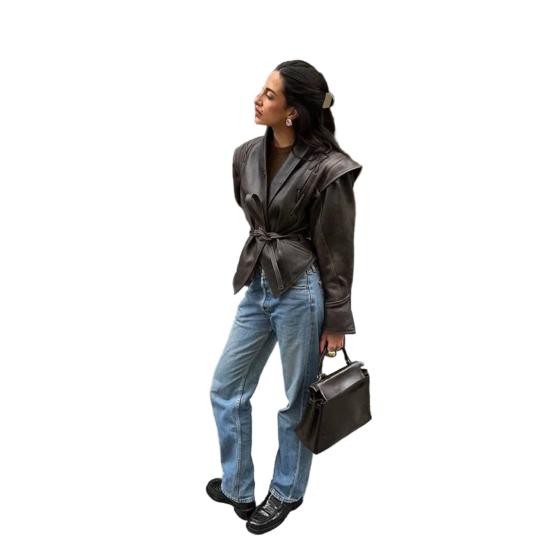 Giacca donna in similpelle vintage con cintura – Overcoat chic autunno inverno, collo a revers e dettagli lace-up