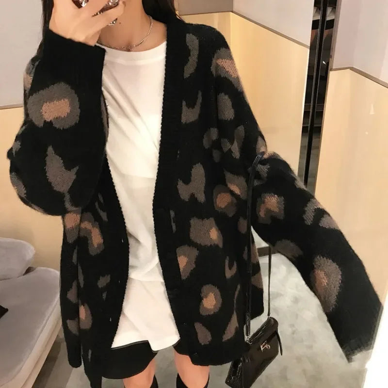 Cardigan leopardato donna con scollo a V stile coreano – Maglione knit oversize autunno/inverno animal print