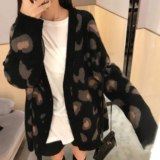 Cardigan leopardato donna con scollo a V stile coreano – Maglione knit oversize autunno/inverno animal print