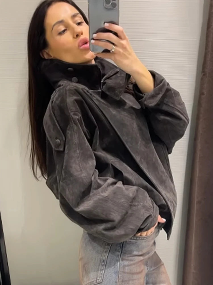 Giacca Effetto Camoscio Donna con Collo Alto e Zip - immagine 4