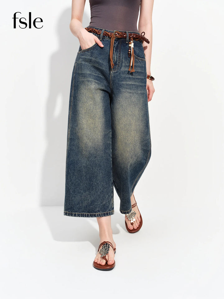 Jeans donna cropped a vita alta in cotone non elasticizzato - foto 1 della galleria