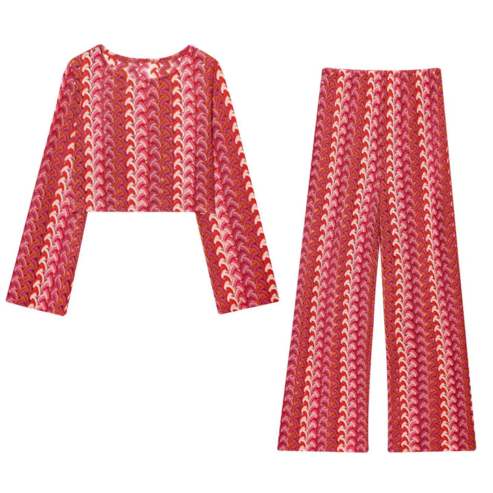 Coordinato donna in maglia crochet – top corto girocollo e pantaloni dritti vita alta