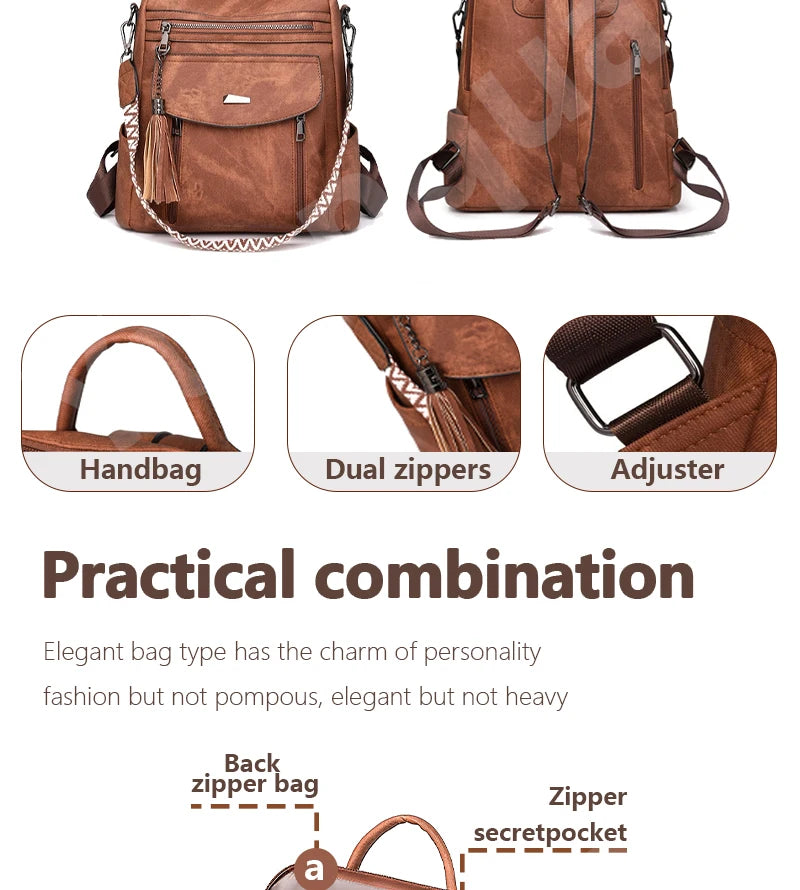 Zaino donna in pelle sintetica impermeabile + ant-furto – travel business college backpack grande capacità con nappina 2025