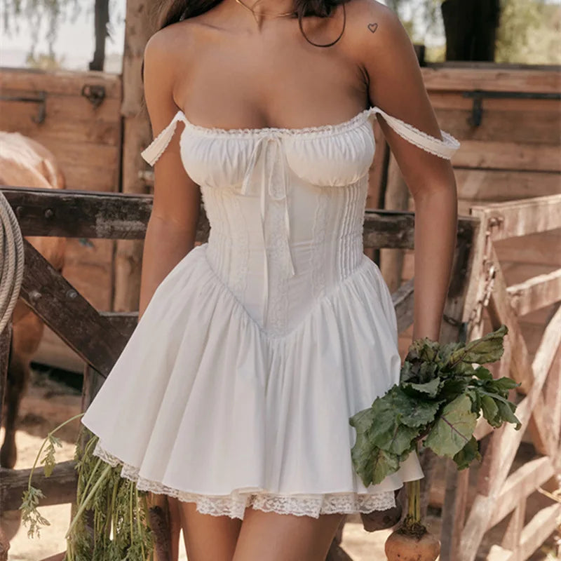 Mini Abito Corsetto in Pizzo Floreale – Estate 2025, Bianco/ Giallo/Rosso/Blu
