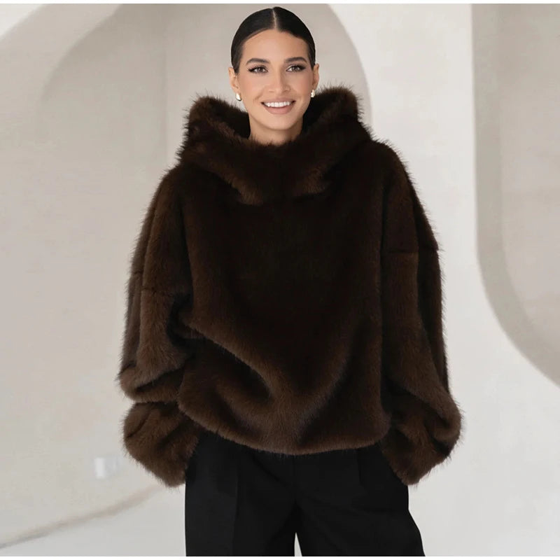 Felpa donna effetto pelliccia marrone con cappuccio