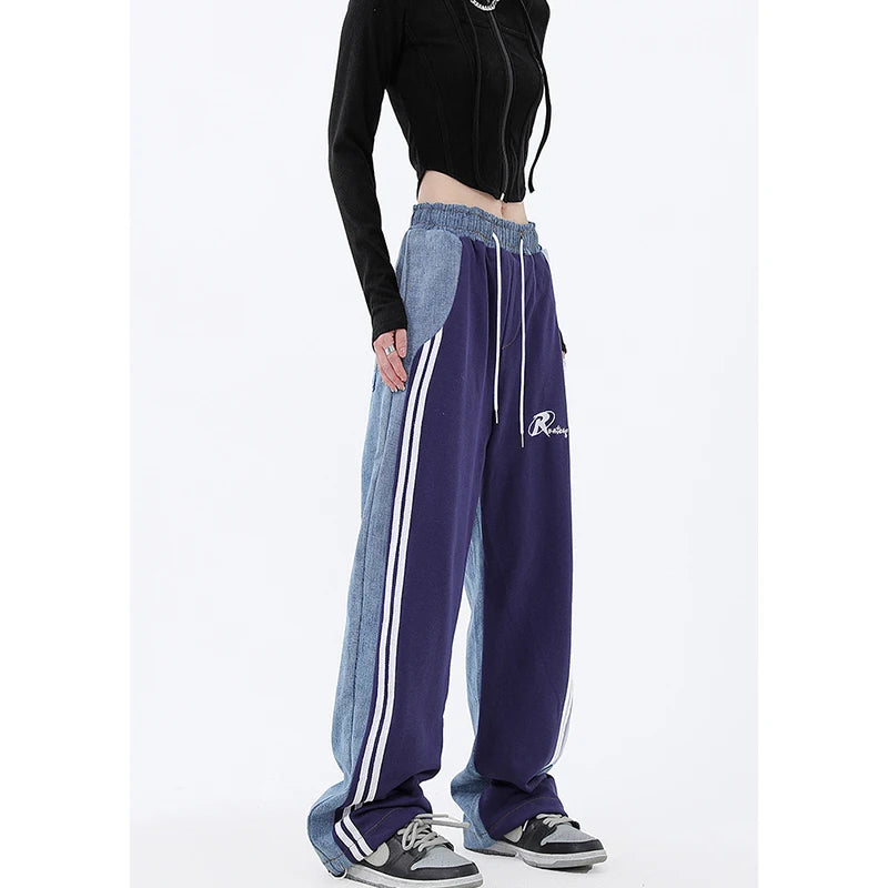 Pantaloni wide leg spliced donna – modello vita alta elasticizzata con tasche a contrasto, pantaloni larghi casual