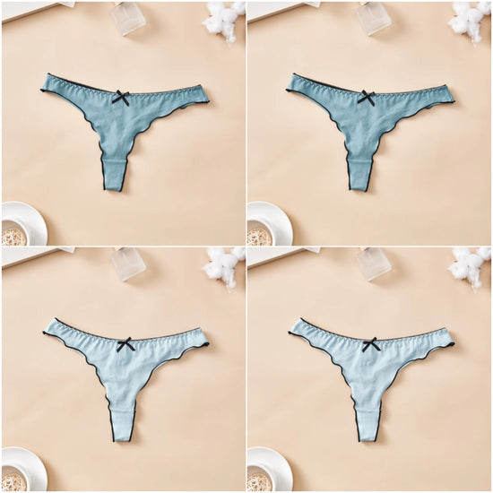 Set 4 pezzi perizomi donna in cotone – solid color, vita bassa, fascia T-back con fiocco, underwear comodo quotidiano