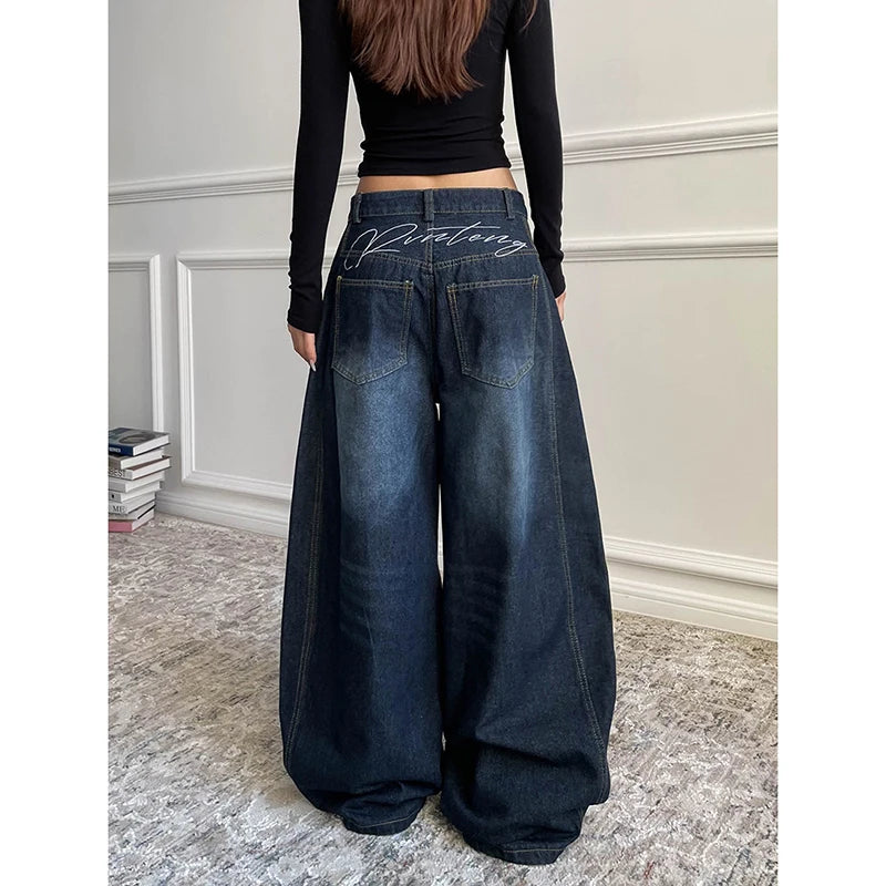 Jeans baggy wide leg donna Y2K – modello retrò vita alta in denim blu oversize 2025
