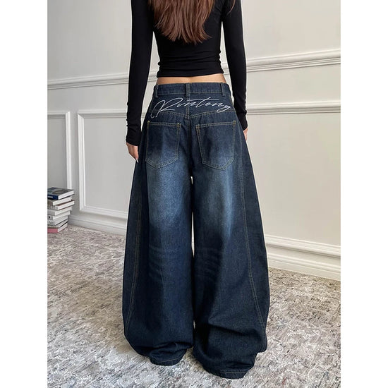 Jeans baggy wide leg donna Y2K – modello retrò vita alta in denim blu oversize 2025