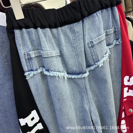 Completo Donna 2 Pezzi Denim Patchwork – Camicia Lunga + Jeans Vita Elastica Street Stylewo-Piece Set Letter Splicing