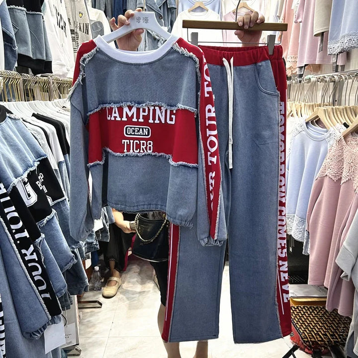 Completo Donna Denim Patchwork – Felpa + Pantaloni Streetwear Casual