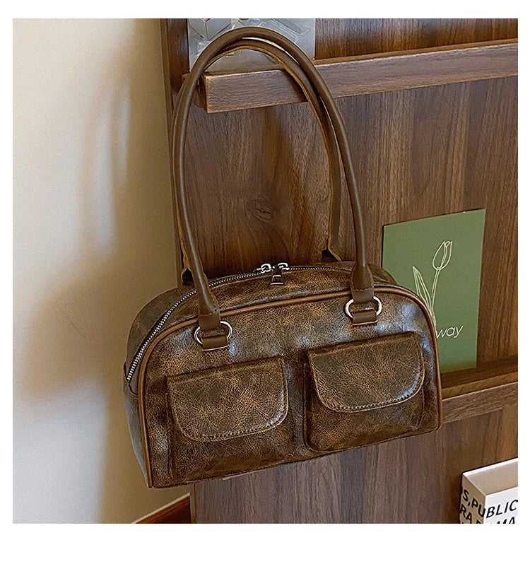 Borsa baguette donna retrò con doppie tasche frontali – trendy piccola underarm per il 2025