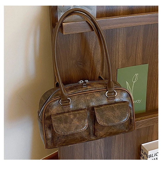 Borsa baguette donna retrò con doppie tasche frontali – trendy piccola underarm per il 2025