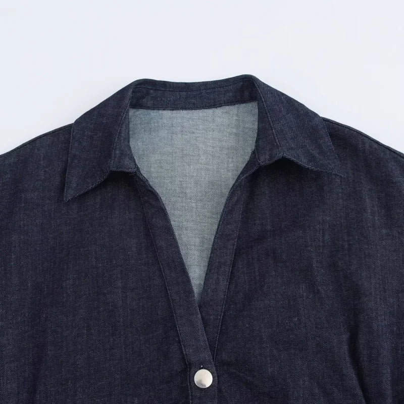 Vestito midi in denim “1975 Series” – abito donna con rever, zip laterale e vita effetto plissé