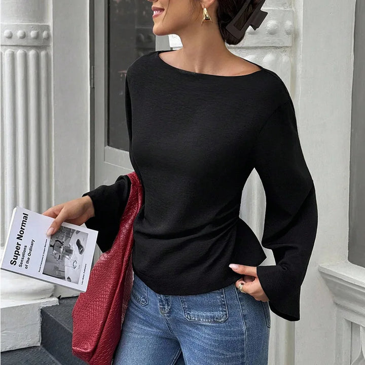 Maglia nera manica lunga con cappuccio da donna – stile elegante per pendolarismo, primavera/autunno, colore puro, poliestere, scollo rotondo