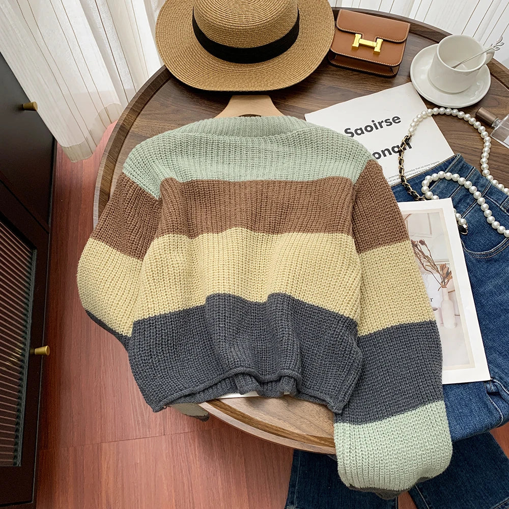 Pullover donna a righe multicolore con scollo lacciato – Maglione crop a maniche lunghe, knit casual autunno/inverno