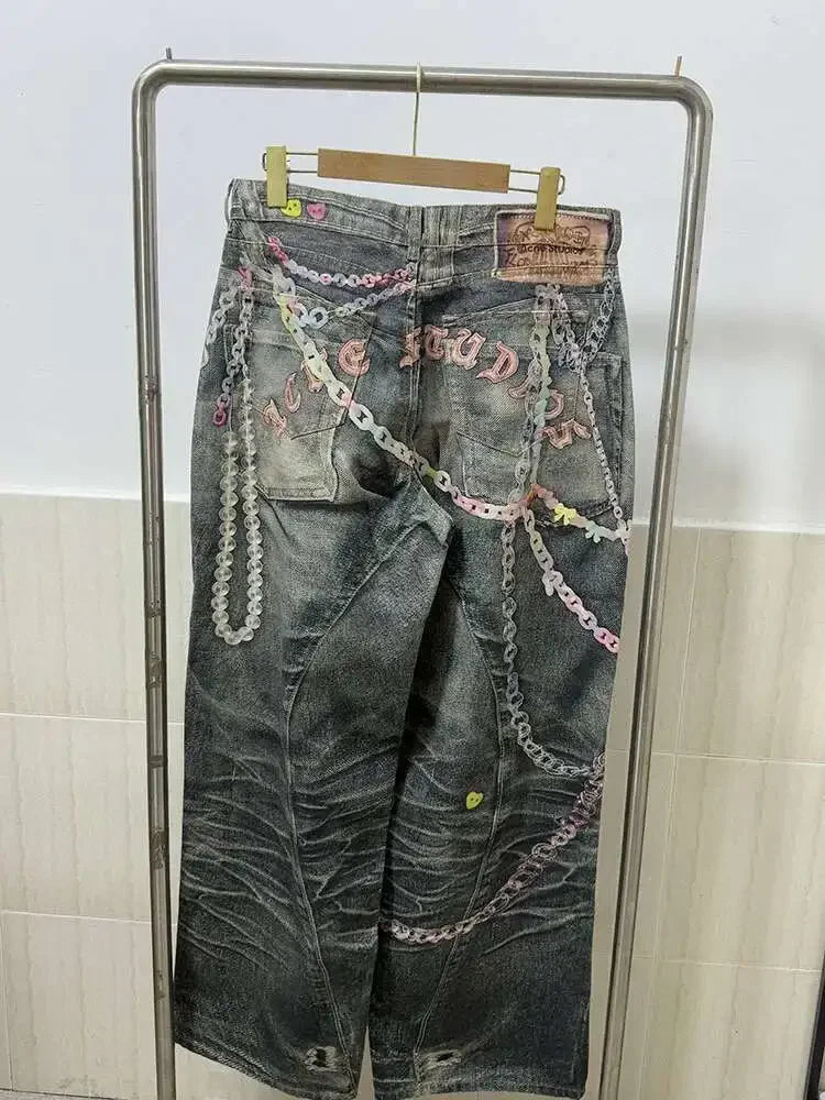 Jeans Donna Vita Alta con Stampa Catena – Denim Fashion Streetwear