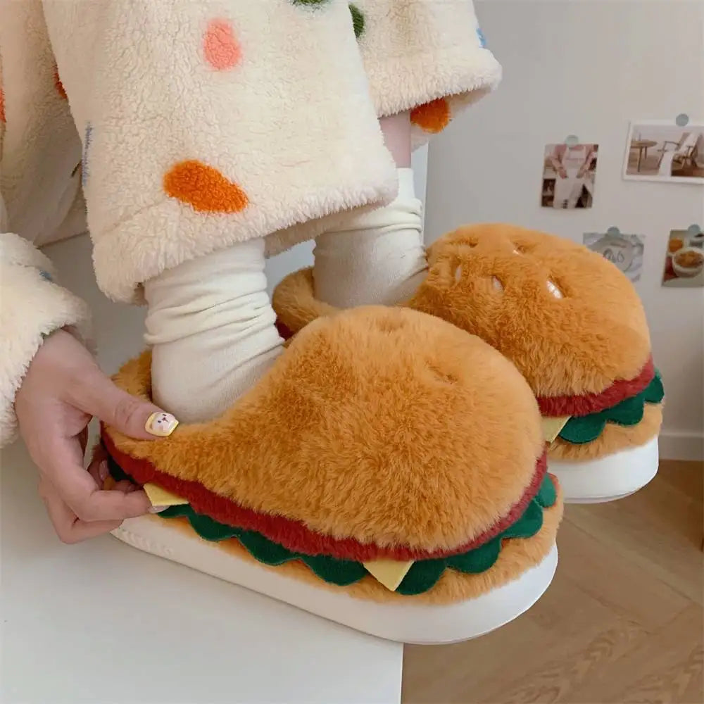 2026 new style autumn and winter fun home cotton slippers couple cute hamburger full-covered heel fuzzy shoes warm men and women