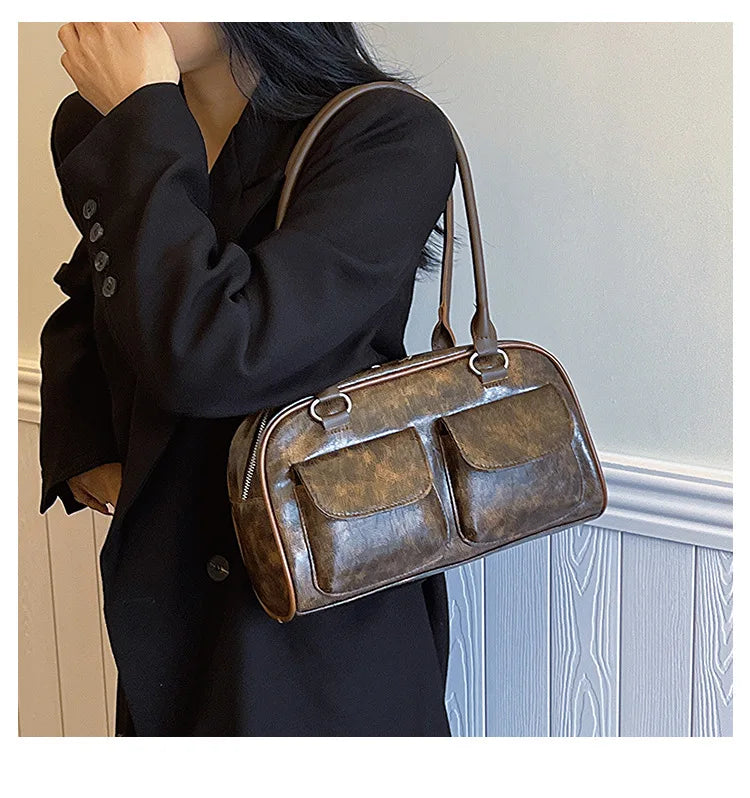 Borsa baguette donna retrò con doppie tasche frontali – trendy piccola underarm per il 2025