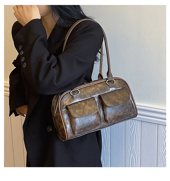 Borsa baguette donna retrò con doppie tasche frontali – trendy piccola underarm per il 2025