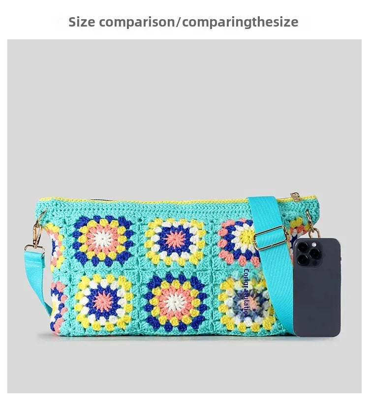 Borsa a tracolla in cotone uncinetto traforato – shoulder bag artigianale floreale con zip, stile boho
