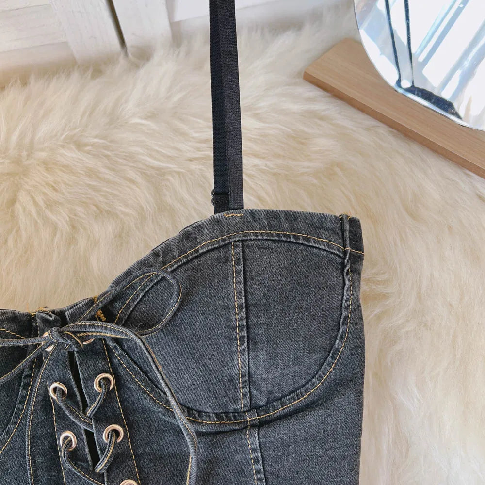 Top Denim Corsetto con Reggiseno Integrato – Crop Top Donna