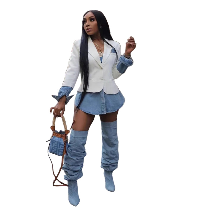 Giacca denim patchwork donna 2025 – giacca lunga in jeans con pezze colorate, stile street / holiday