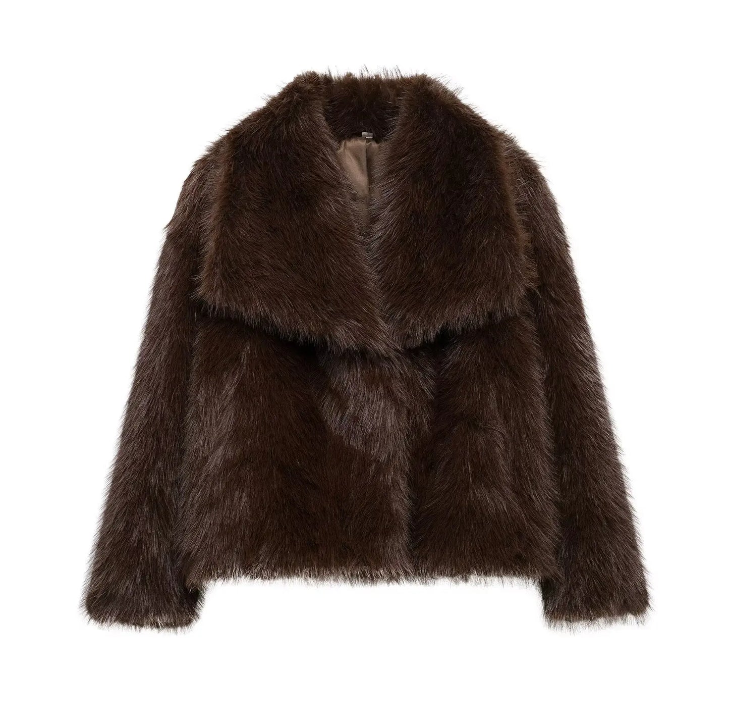 Giacca in pelliccia sintetica marrone con scollo a V per donna – Giacca lunga a maniche lunghe, stile casual elegante per l'autunno/inverno