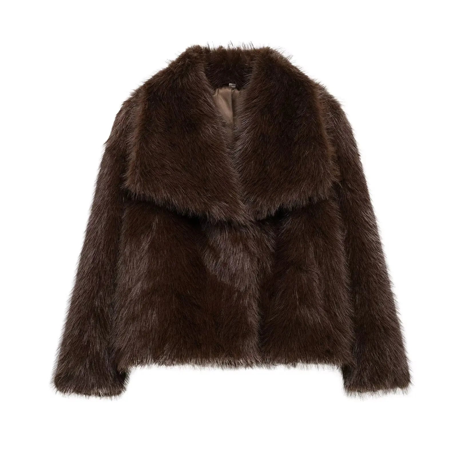 Giacca in pelliccia sintetica marrone con scollo a V per donna – Giacca lunga a maniche lunghe, stile casual elegante per l'autunno/inverno